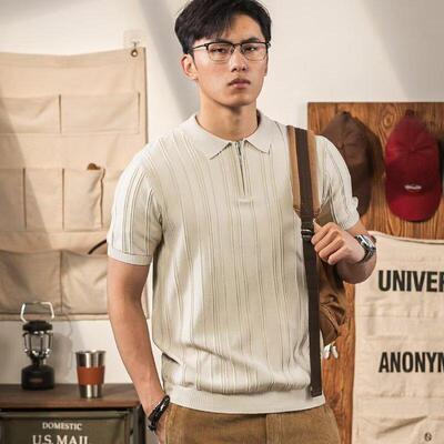 麻花条纹polo短袖V领cleanfit夏休闲百搭透气男女宽松t恤慵懒T恤