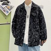 春秋腰果花牛仔外套男欧美潮牌街头大码 夹克宽松潮流百搭上衣 工装