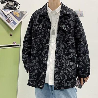 春秋腰果花牛仔外套男欧美潮牌街头大码工装夹克宽松潮流百搭上衣