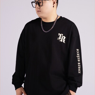 RZ潮牌大码秋季纯棉圆领长袖T恤男士胖子宽松加肥加大休闲打底衫