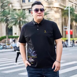 潮流夏季翻领印花短袖polo衫男胖子肥佬宽松大码方领半袖t恤上衣
