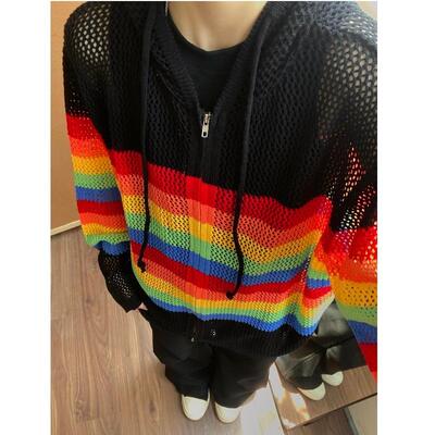 美式撞色镂空连帽针织开衫男夏季防晒罩衫多巴胺春秋情侣衬衫外套