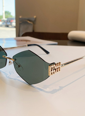 金属y2k太阳镜时尚miu眼镜无框切边菱形太阳眼镜防紫外线遮阳墨镜