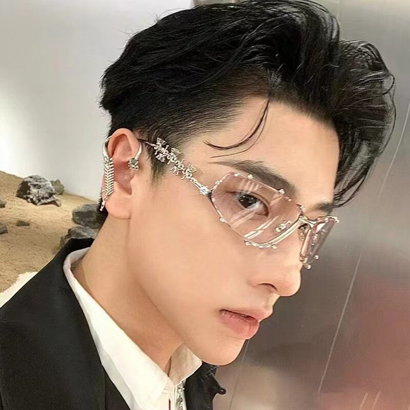 韩版GM金属透明色素颜镶钻眼镜2024新款水钻装饰圆脸平光护目镜女