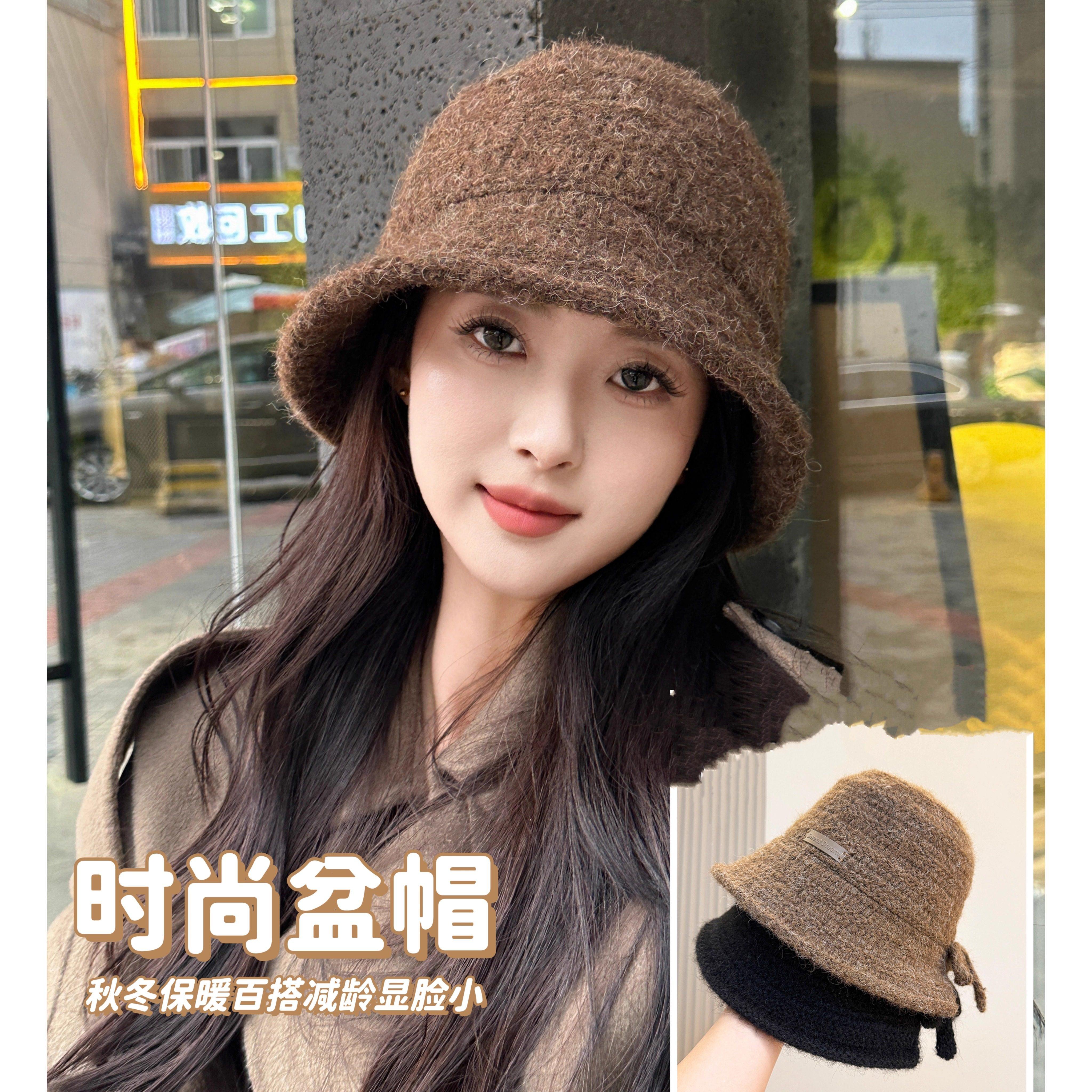 秋冬防寒保暖盆帽女蝴蝶结针织渔夫帽时尚百搭显脸小开叉护耳冷帽