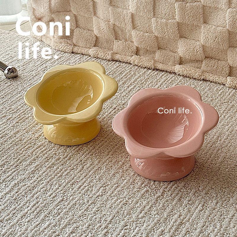 Coni life花瓣猫碗陶瓷食盆猫咪饭碗狗碗饭盆斜口碗水碗宠物用品