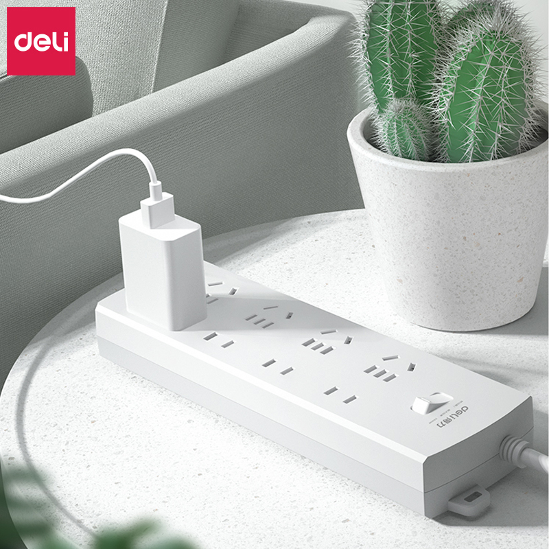 得力3993S开关插座插排插线板3m/5m家用智能排插多孔延长线转换器