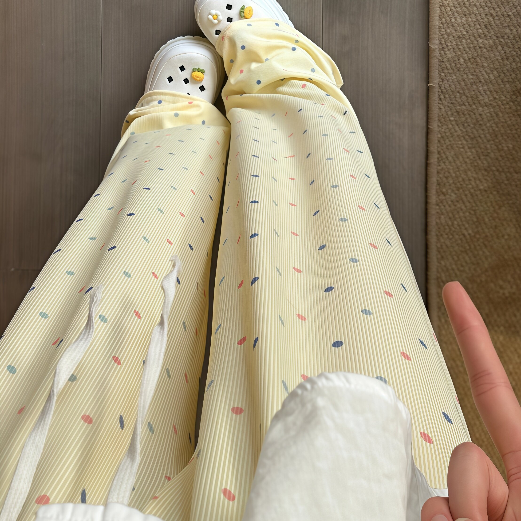 多巴胺彩虹波点休闲冰丝裤女夏季高腰宽松垂感直筒阔腿长裤