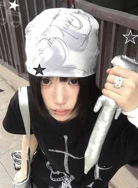 手绘涂鸦灰色Kitty猫头巾女夏季新款y2k辣妹裹胸方巾多功能小丝巾