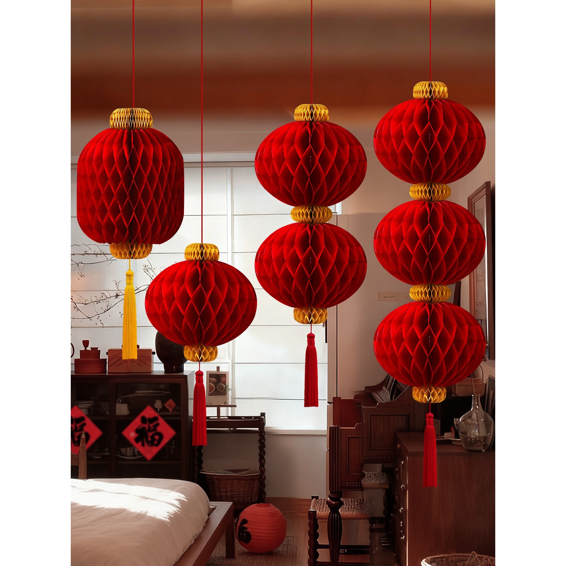 马年2026新年装饰客厅春节过年挂件红色蜂窝灯笼入户大门挂饰门挂