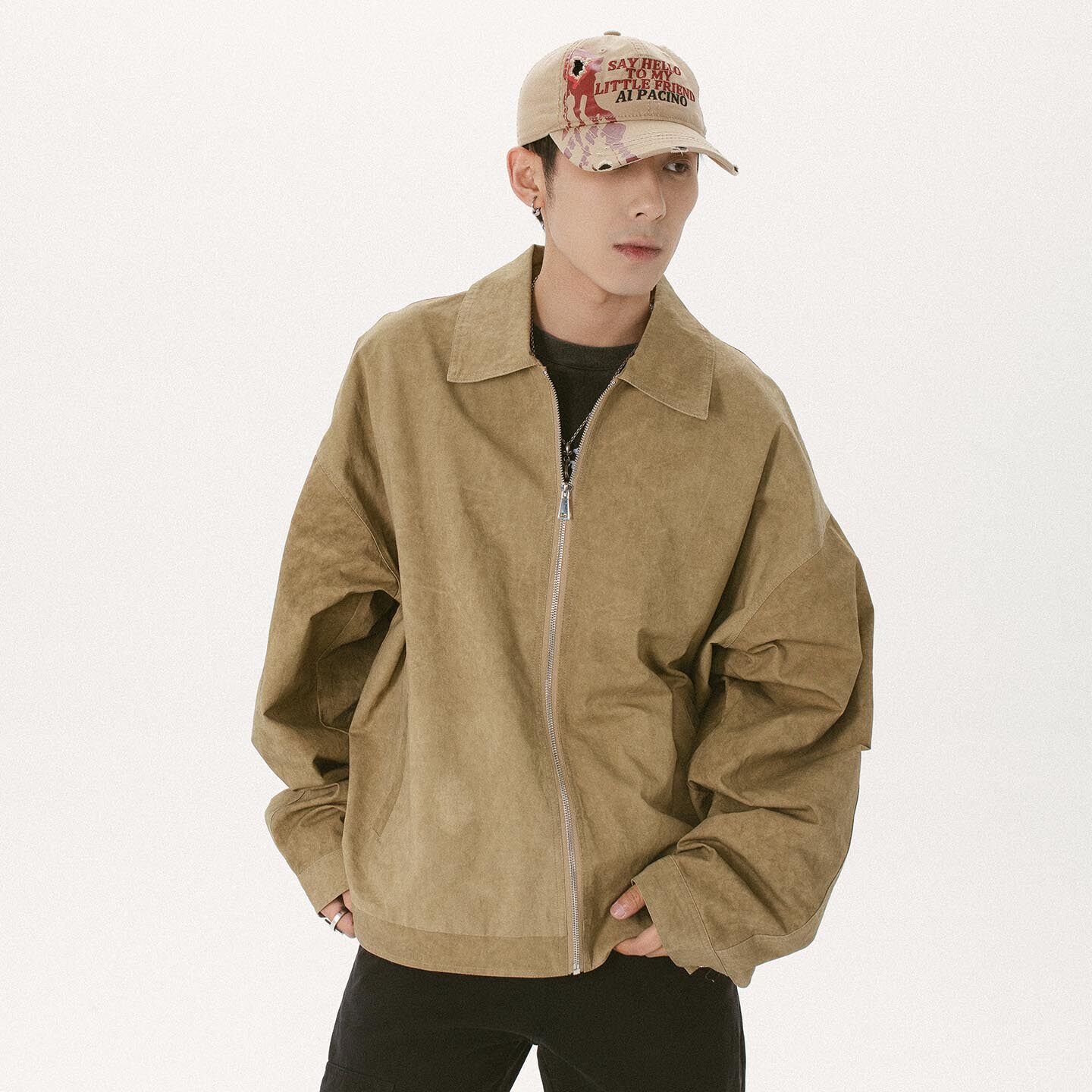 KV复古做旧裂纹方领夹克