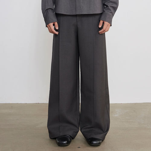 一字口袋中褶直筒宽松西裤高级