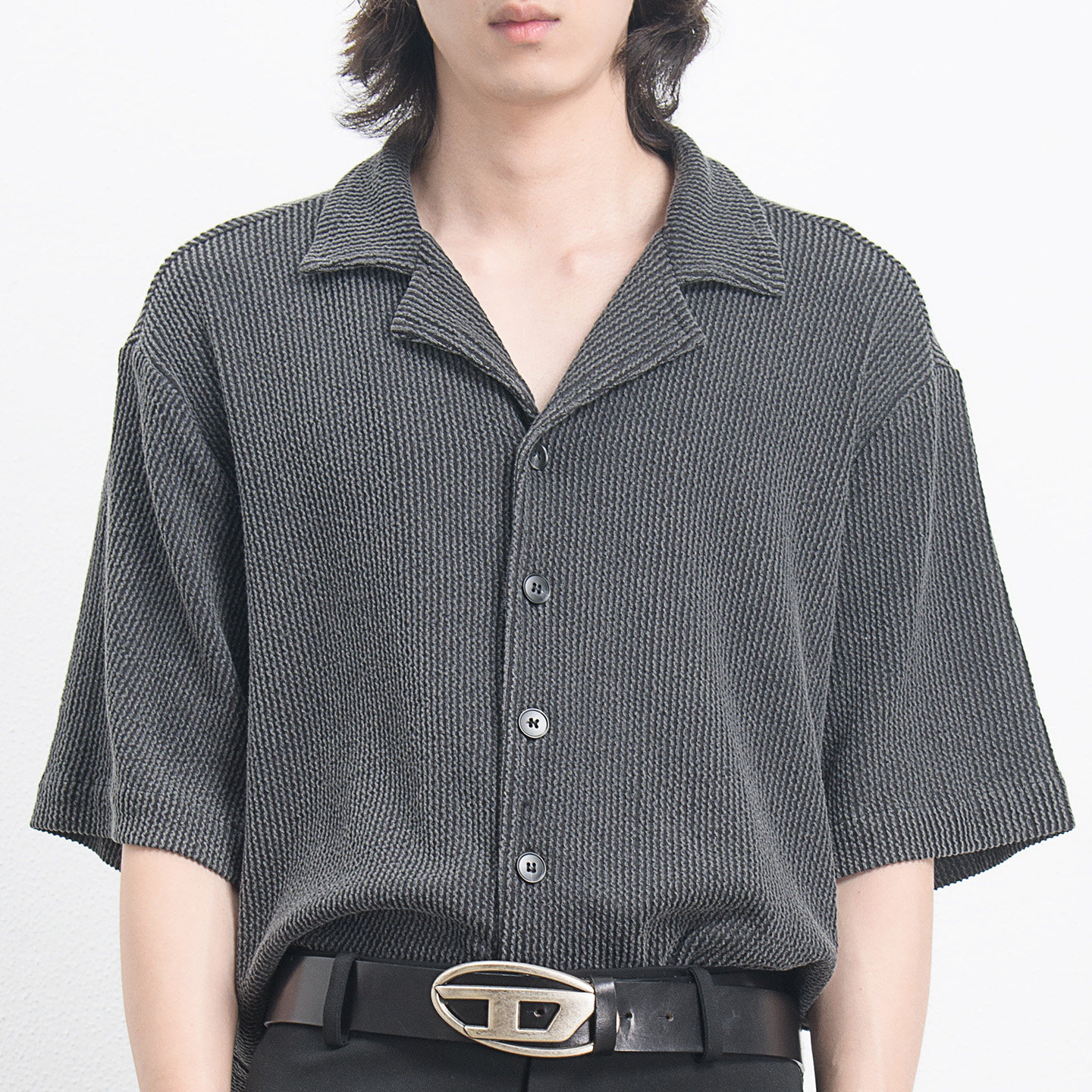 水洗芝士条古巴领宽松短袖衬衫