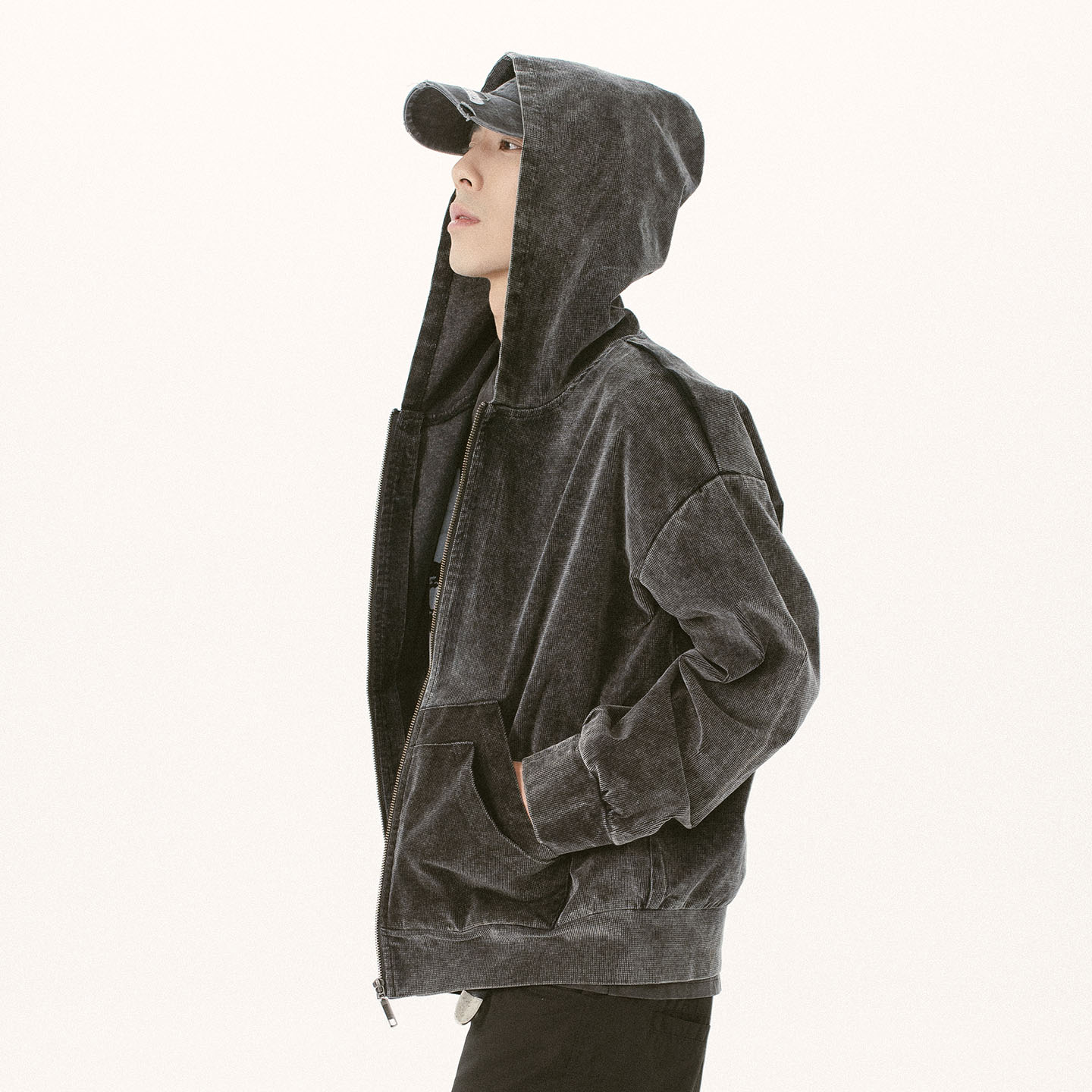 双口袋华夫格水洗拉链卫衣