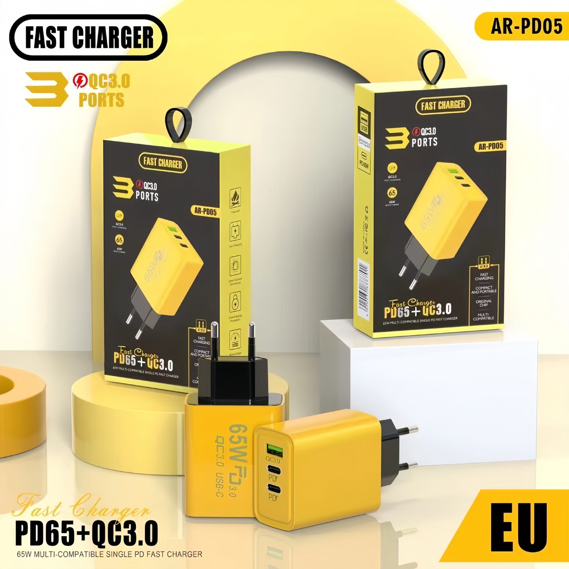 跨境PD65W氮化镓充电头双Type-C+单USB多口适配器手机快充充电器