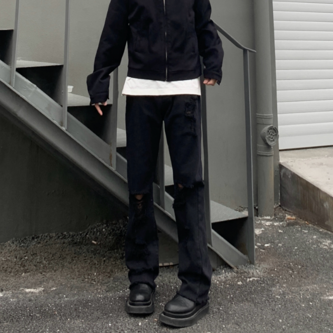 SC春秋美式高街破洞直筒长裤宽松百搭微喇牛仔裤ASH-60022