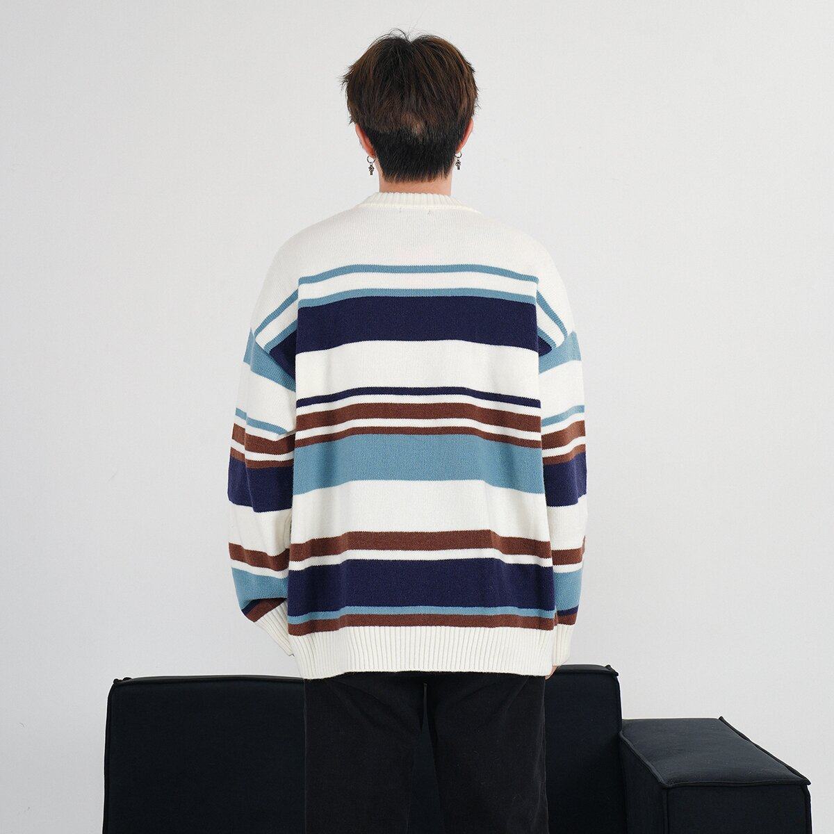 SC秋冬绵羊绒条纹绣标套头衫百搭休闲情侣上衣圆领毛衣GK-8862