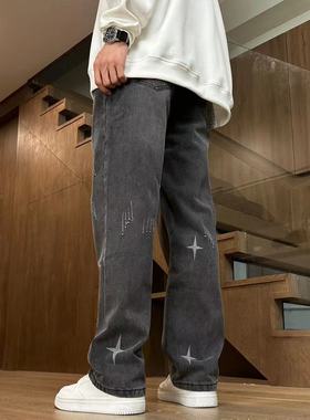 阿叔春秋美式水洗做旧星星设计款直筒宽松牛仔裤AG-80126
