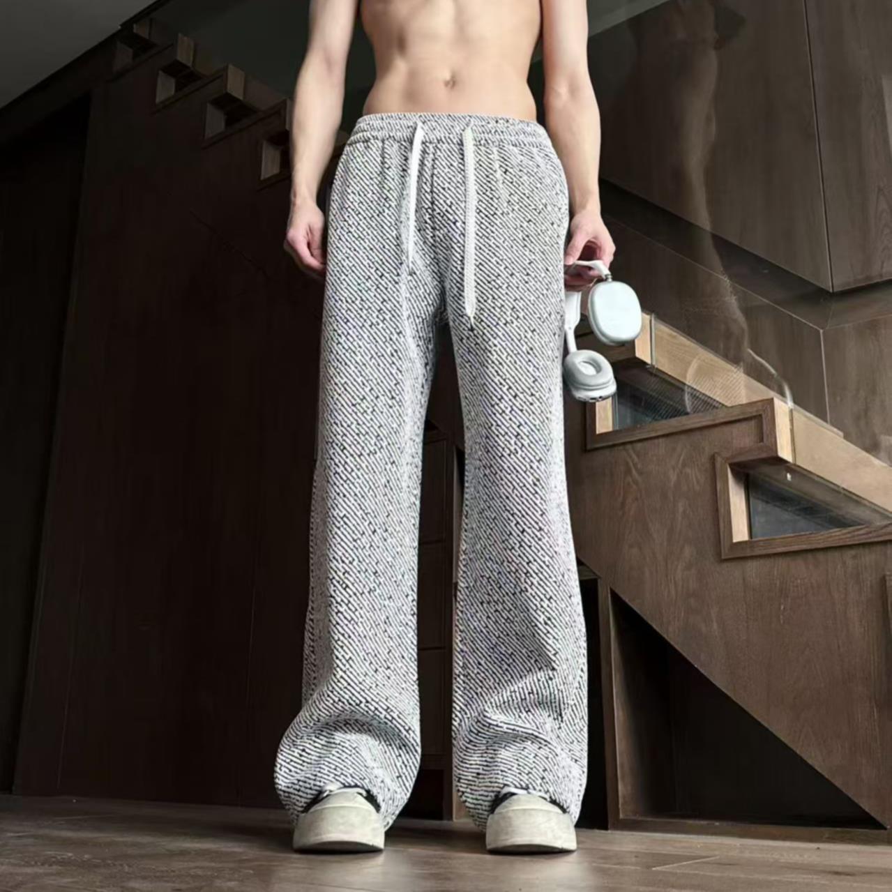 SC冬季复古条纹毛尼宽松裤子百搭ins潮加绒卫裤休闲裤ASD-9261