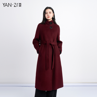 立领中长款收腰系带双面呢大衣