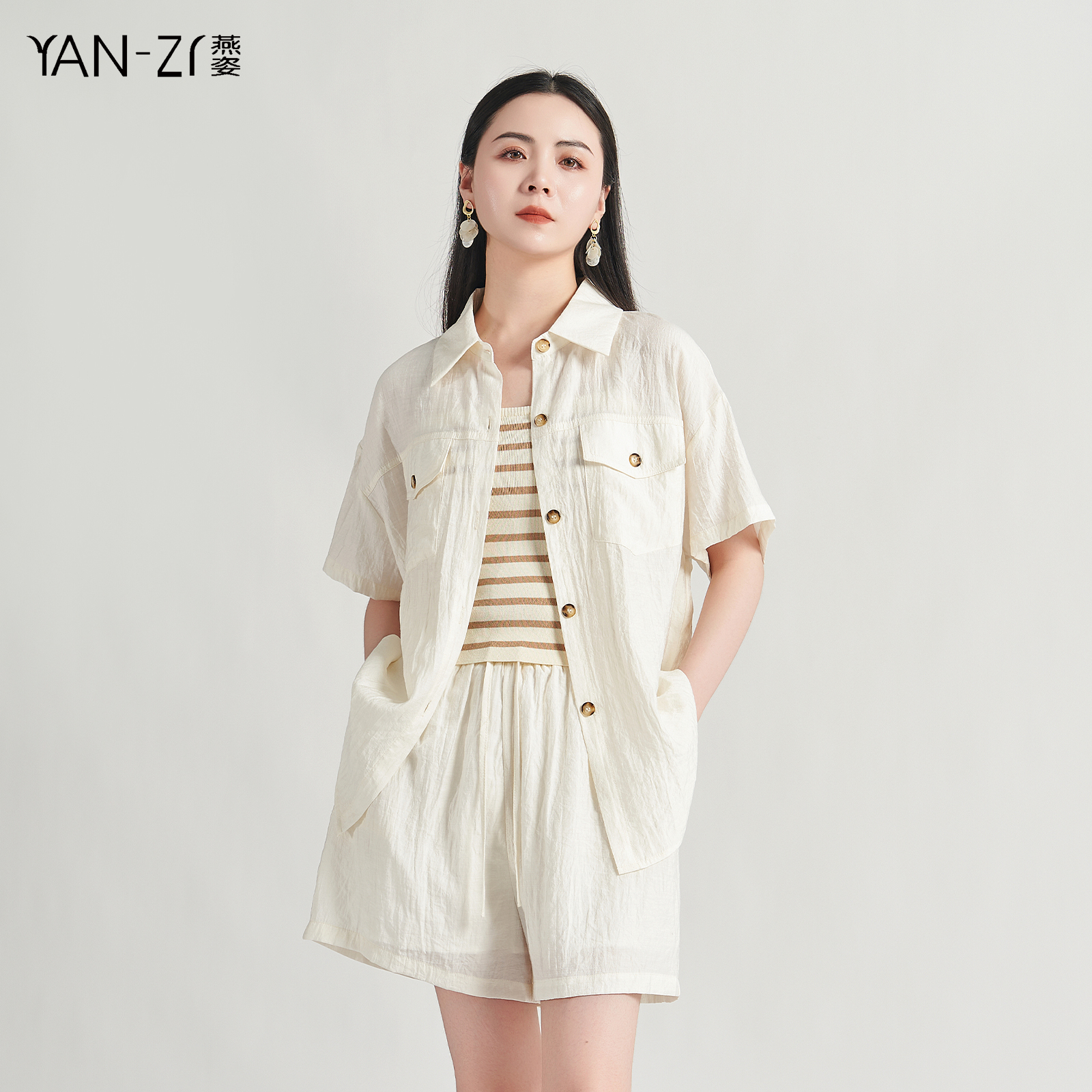 燕姿服饰休闲棉质短袖衬衫三件套