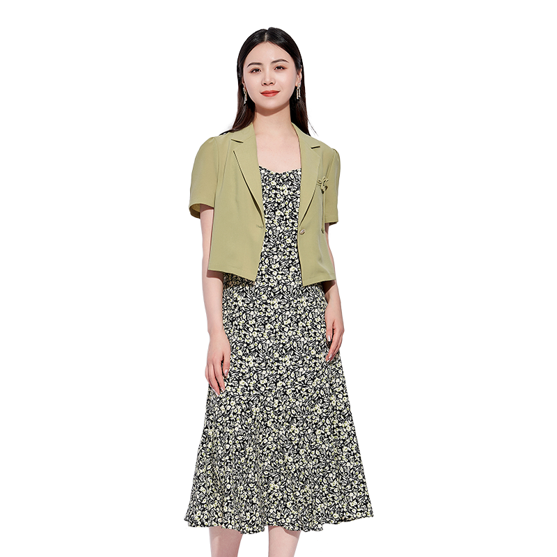 燕姿服饰2023夏季新款百搭碎花吊带裙两件套短款西服套装商场同款