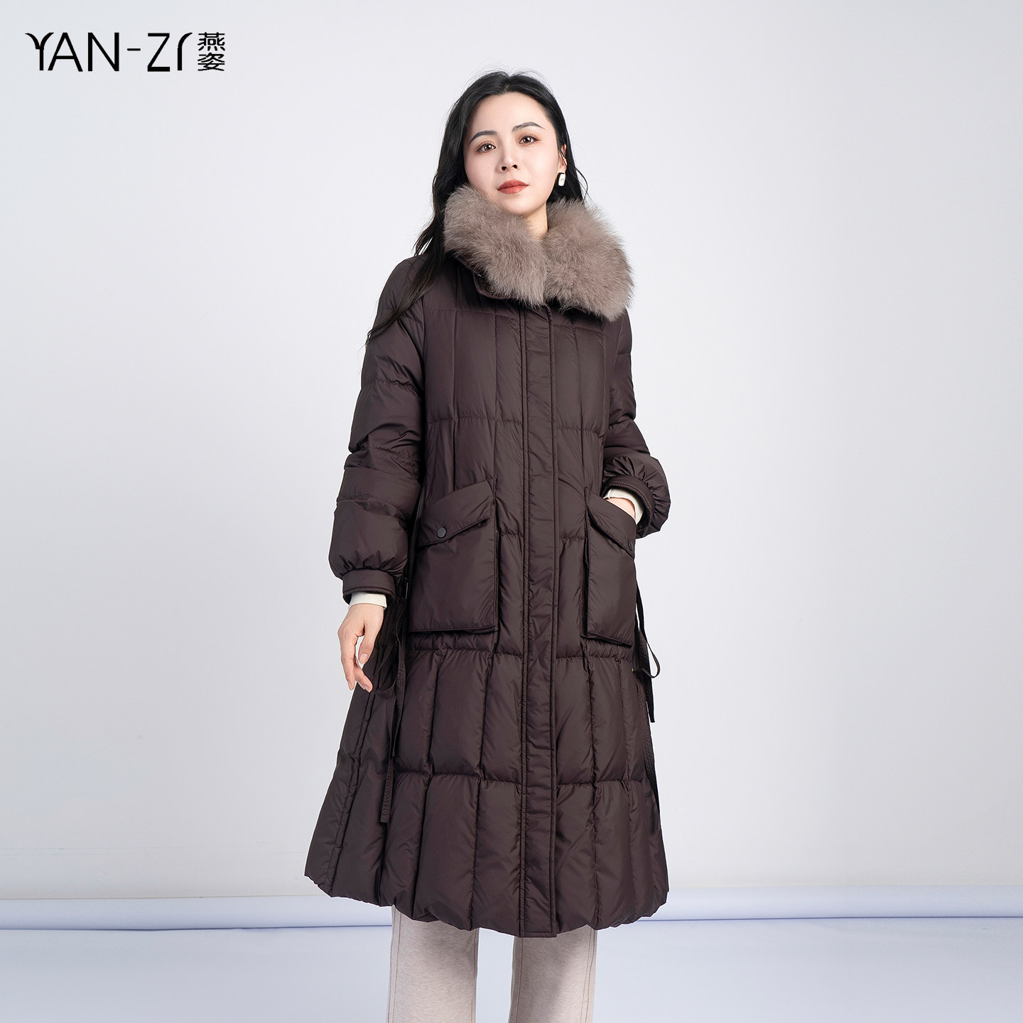 狐狸毛领白鹅绒长款保暖鹅羽绒服