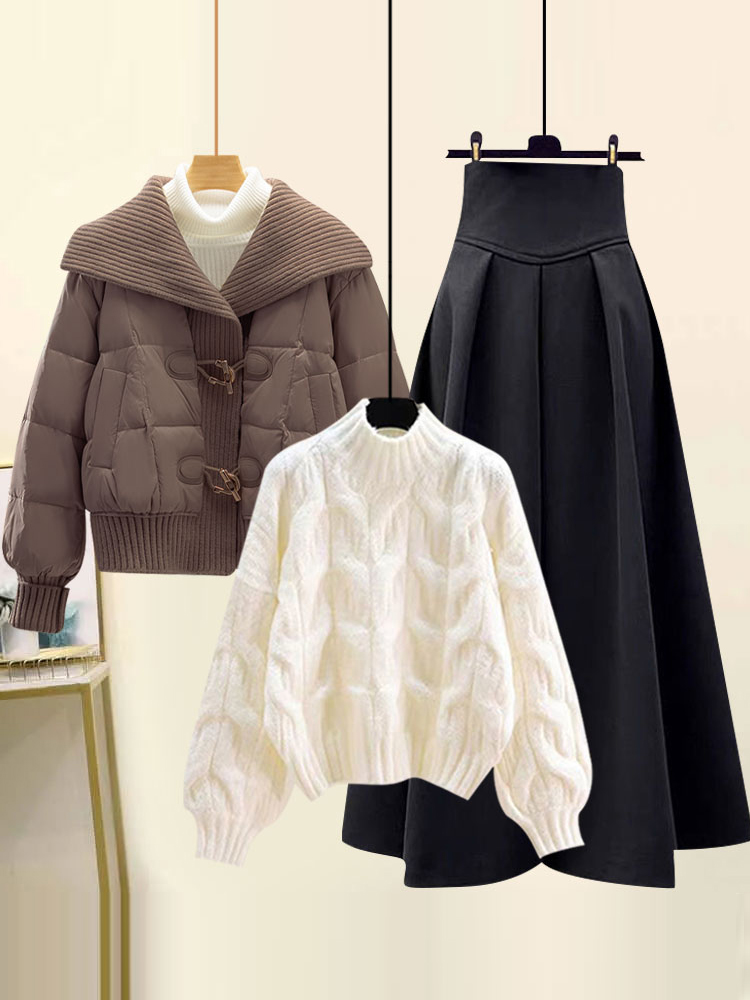 Large Lapel down Cotton Jacket for Women, Winter Plus Size Sweater, Half Skirt, Popular Age-Reducing Fashion Set for Women