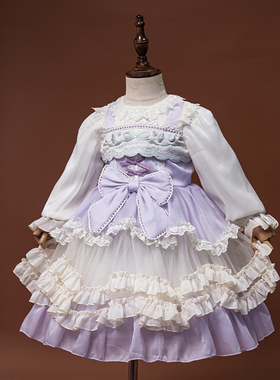 春款紫色洛丽塔公主裙女童刺绣连衣裙蝴蝶结纱裙中大童生日礼服裙