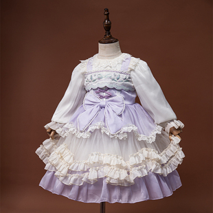 春款紫色洛丽塔公主裙女童刺绣连衣裙蝴蝶结纱裙中大童生日礼服裙