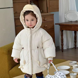 儿童棉服白色加厚加绒连帽可爱外套男童女童冬季宝宝保暖防风上衣