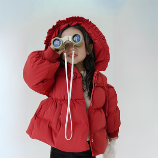 女童拜年服中式加厚羽绒服新年新款红色收腰连帽盘扣保暖国风外套
