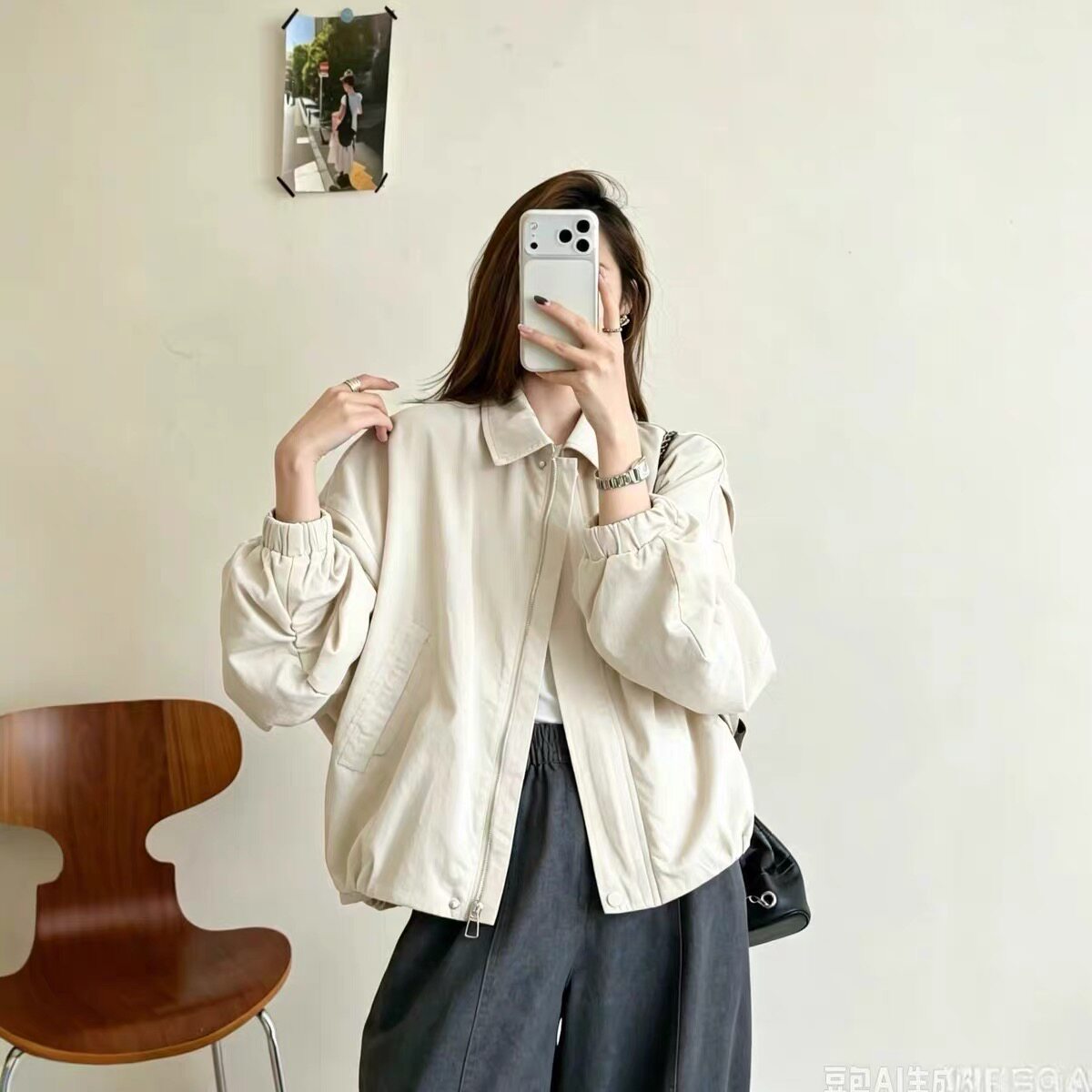 小个子短款工装外套女2026秋松弛感廓形翻领拉链松紧袖口棉感夹克