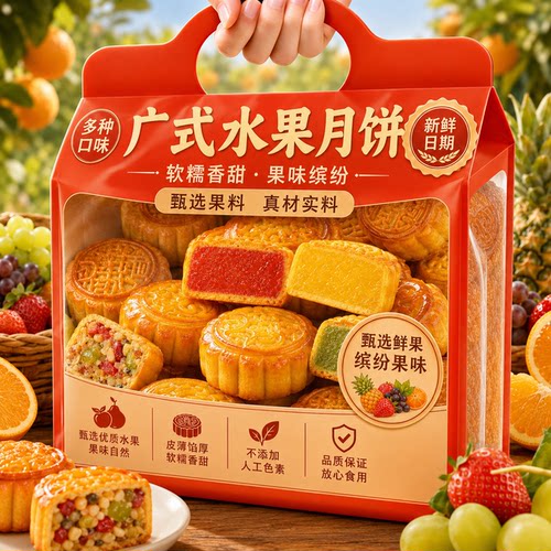 广式水果月饼迷你果味官方旗舰店传统糕点整箱100枚口感细腻