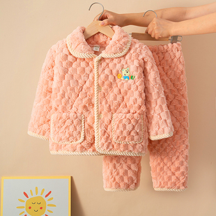 冬款儿童法兰绒睡衣男童女童三层夹棉加厚珊瑚加绒红色家居服外穿