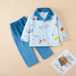 秋冬款儿童法兰绒加厚睡衣男童女童保暖珊瑚绒男孩宝宝家居服套装