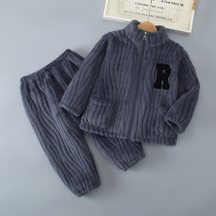 儿童中大童睡衣冬季加厚法兰绒女童男童宝宝保暖珊瑚绒家居服套装