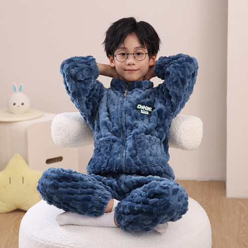 秋冬季儿童法兰绒睡衣加厚套装