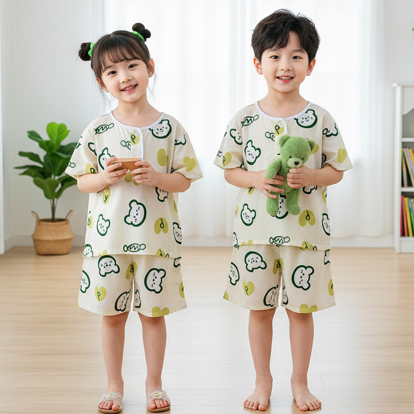 夏季儿童睡衣棉绸男童女童宝宝人造棉短袖短裤家居空调服套装薄款