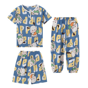 夏天睡衣儿童棉绸套装男童女孩宝宝人造棉短袖短裤绵绸空调家居服