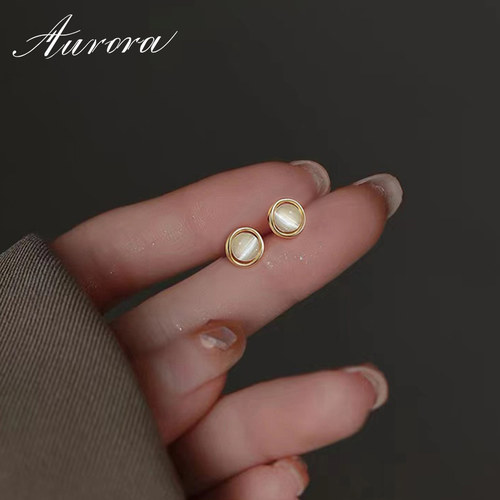 999纯银猫眼石耳钉不易过敏女