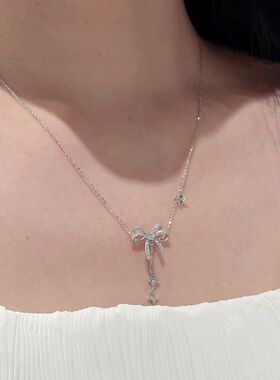轻奢小众设计高级感百搭锁骨链蝴蝶结简约爱心流苏星芒项链钛钢链