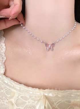 轻奢时尚百搭甜美酷辣锁骨链纯欲风锆石蝴蝶珍珠项链女小众设计感