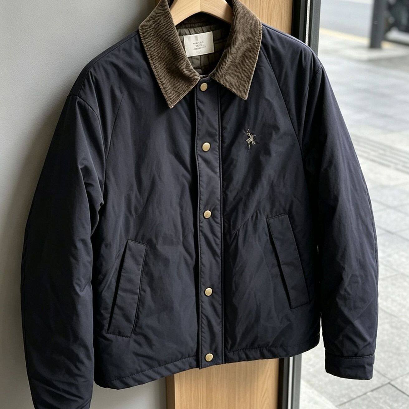 男士秋冬时尚翻领夹克蓝色棉服商务简约休闲百搭格子高级感