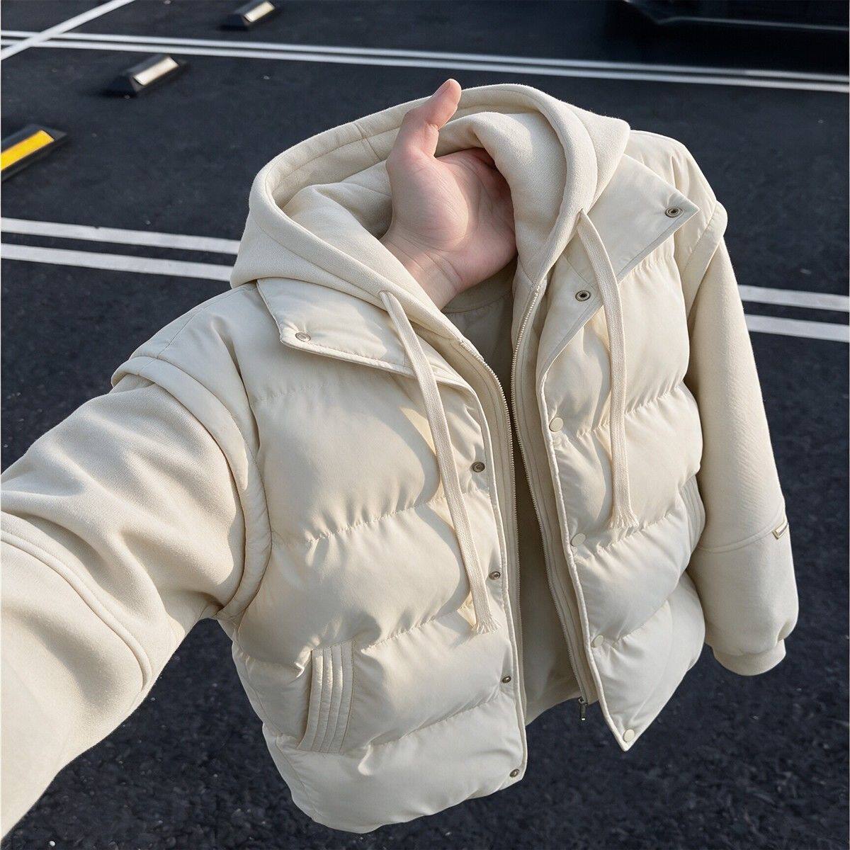 米白色假两件排骨棉服男款秋冬加厚拼接马甲高级感连帽衫坎肩外套