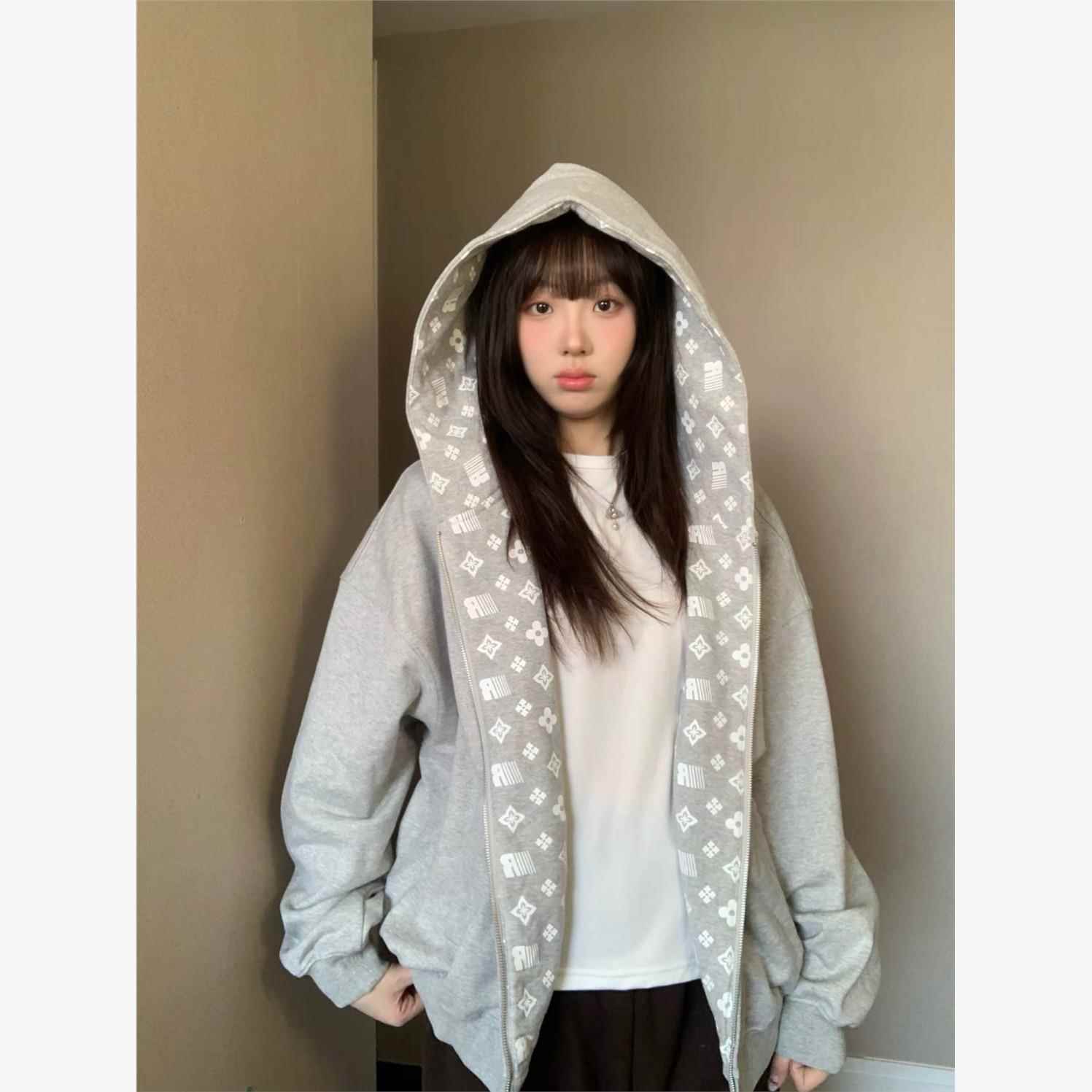 冷淡系独特别外套女2025新款秋季潮牌宽松情侣装拉链连帽卫衣上衣