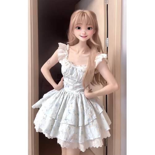 樱织花翎小飞袖温柔碎花连衣裙女夏日绝美公主蛋糕裙收腰蓬蓬裙子