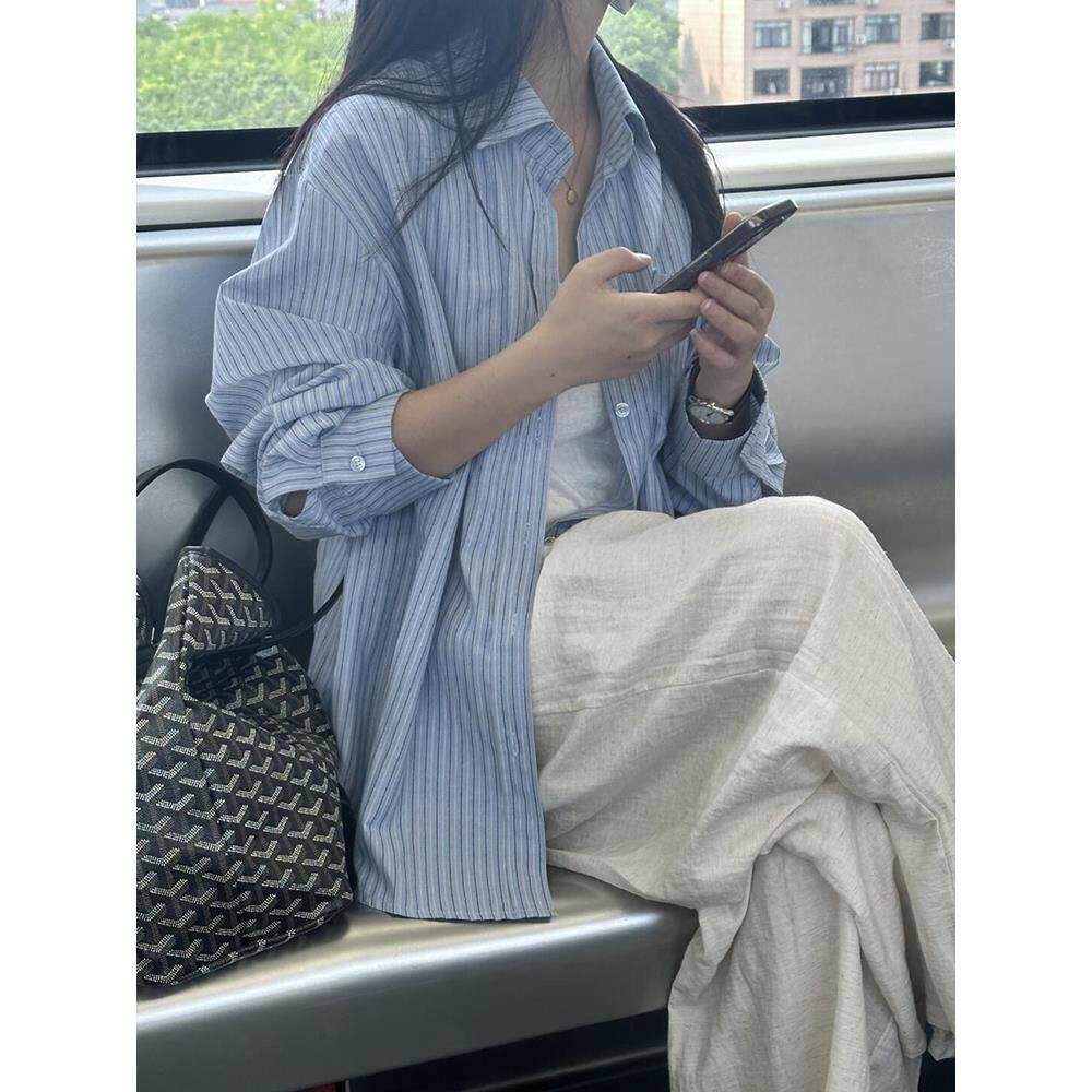 韩版通勤休闲蓝色衬衫女外套2025春秋新款polo领宽松条纹衬衣上衣
