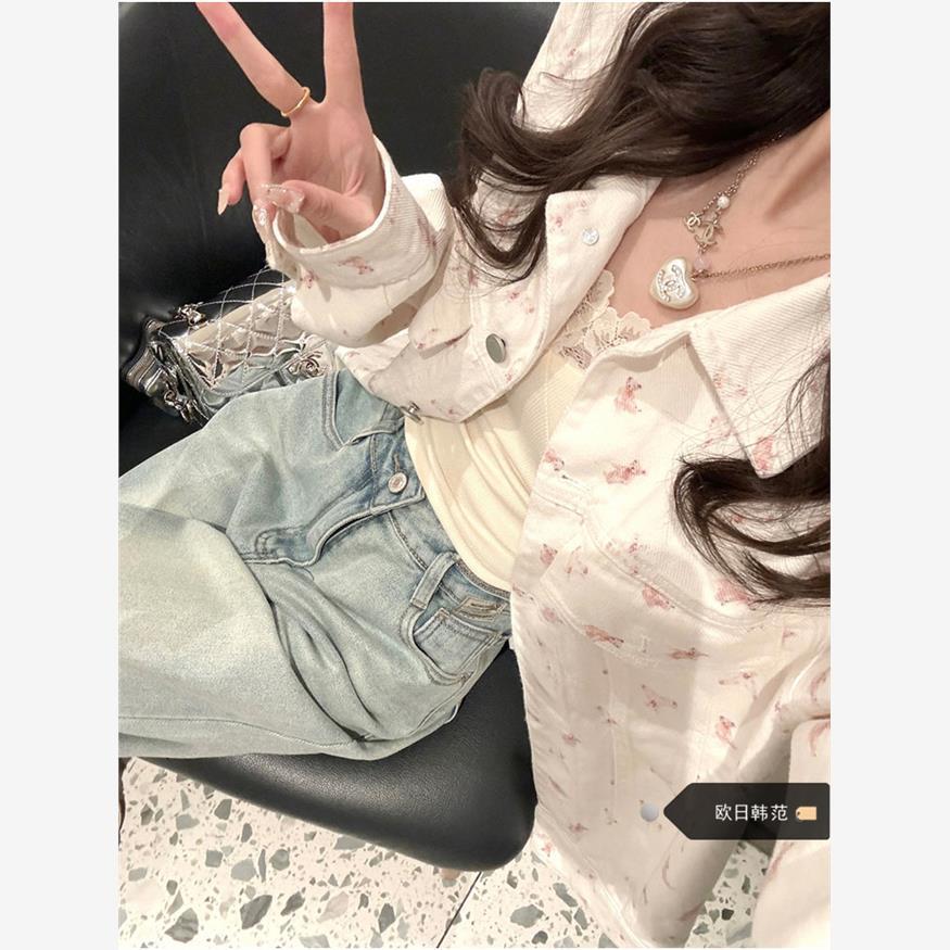 大码白色小熊印花牛仔外套女春季设计感小众宽松百搭夹克长袖上衣