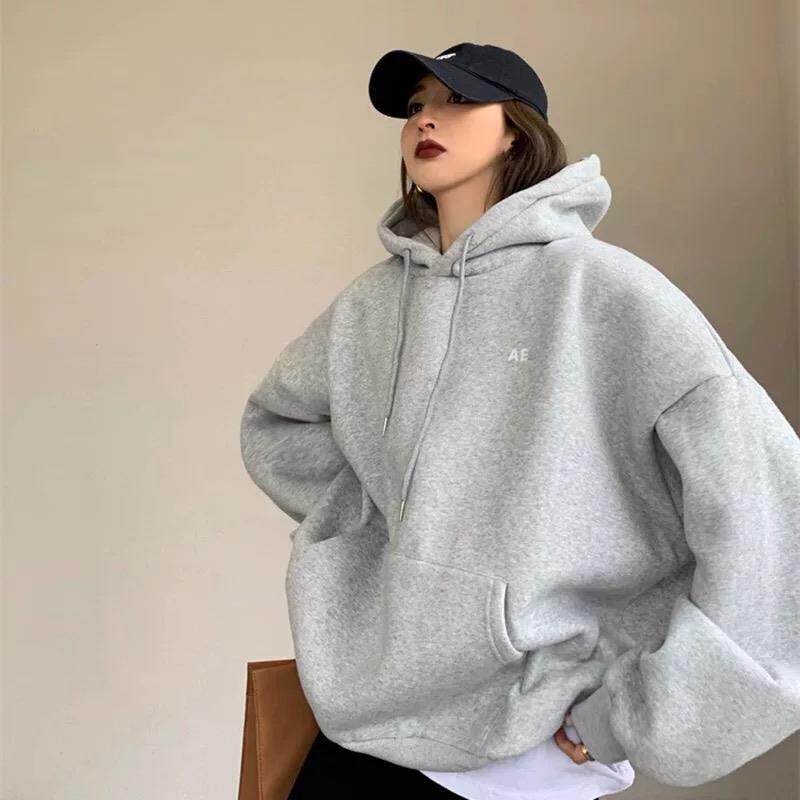 重磅纯棉美式灰色连帽卫衣女秋冬加绒字母印花中长款慵懒宽松外套